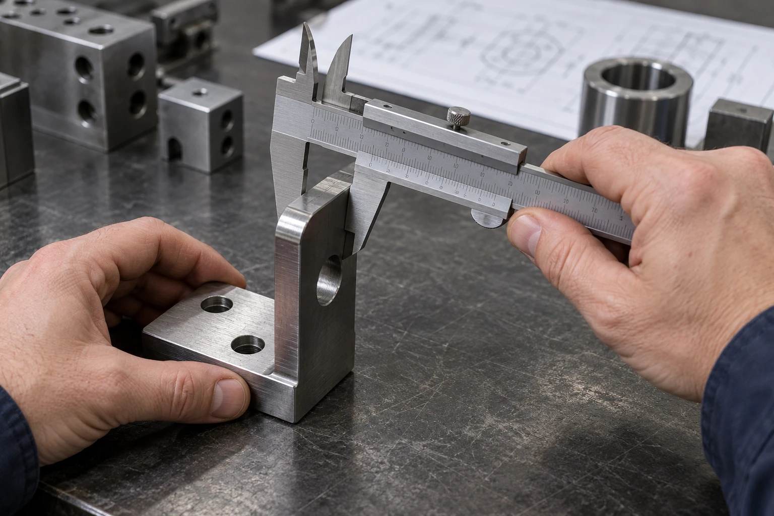 Vernier caliper checking a machined steel bracket